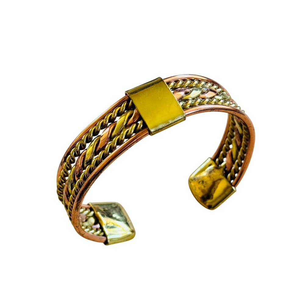 VTG Brutalist Cuff Bracelet Brass Copper Modernist Retro Large Statement 1970s
